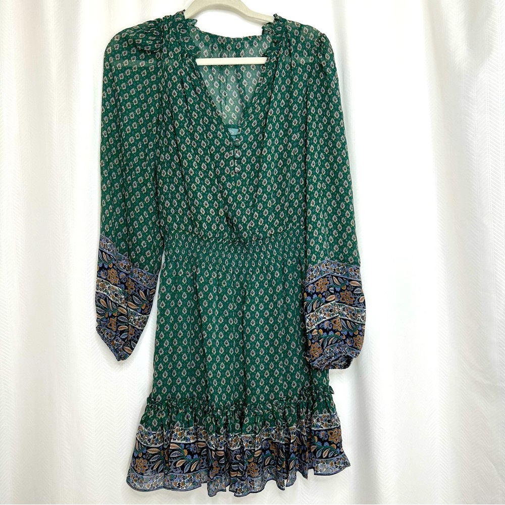 Veronica Beard Destiny Printed smocked waist V neck mini dress green